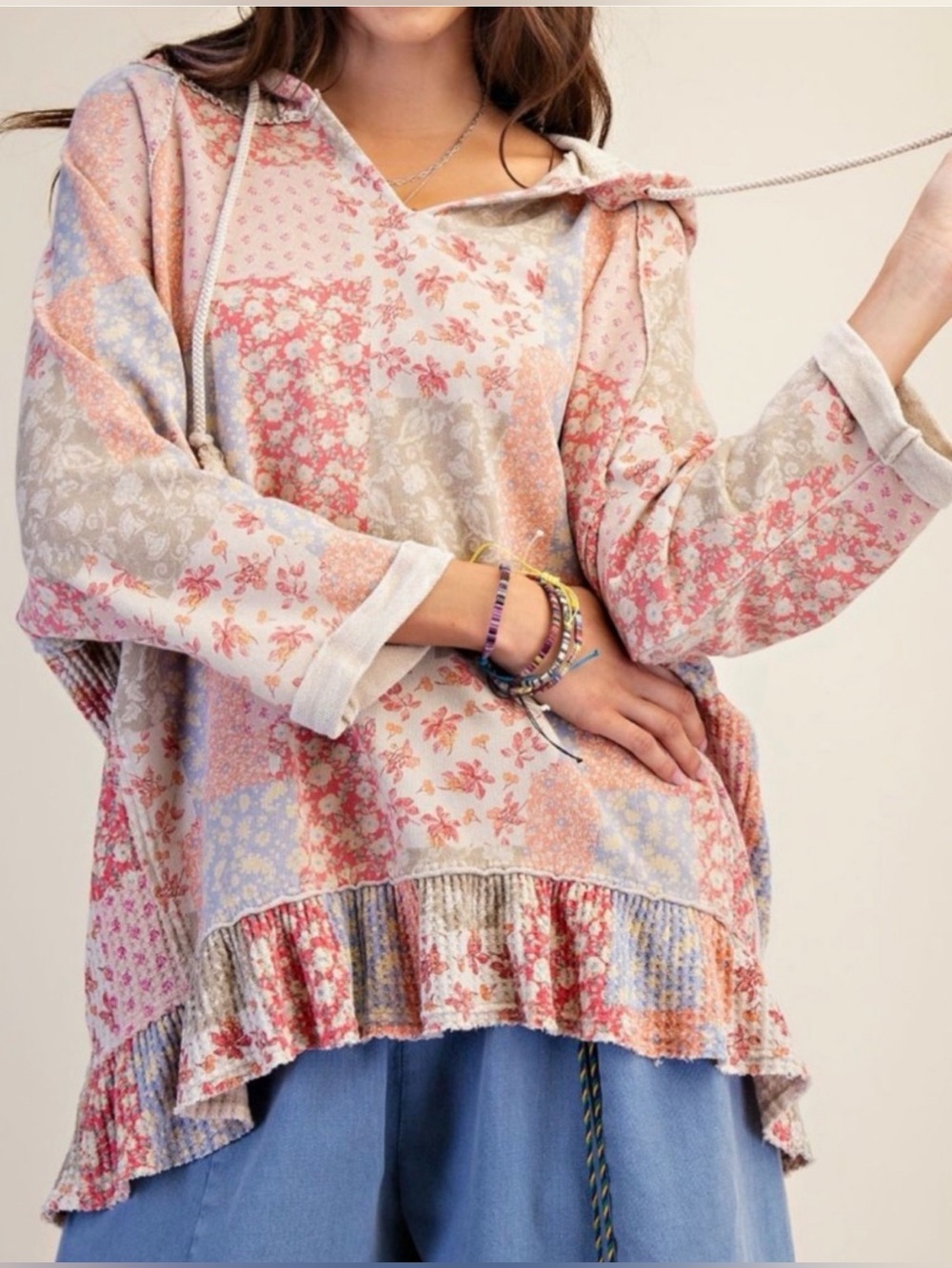 Patchwork Floral Hoodie Top - Pastel Pink Mix - Picture 3 of 10